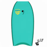 Wave Power Bodyboard Woop in Türkis mit gelbem Logo und schwarzen Konturen, Draufsicht