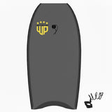 Wave Power Bodyboard Woop grau mit gelbem Logo, Draufsicht auf das ovale Surfbrett aus Schaumstoff