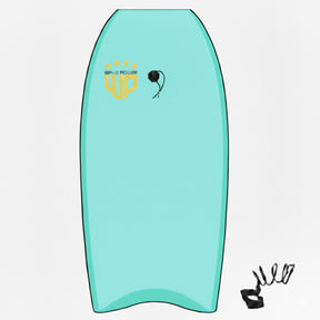 Wave Power Bodyboard Woop in Türkis mit goldenem Logo, Draufsicht des leichten Schaumstoffbretts für Wellenreiten