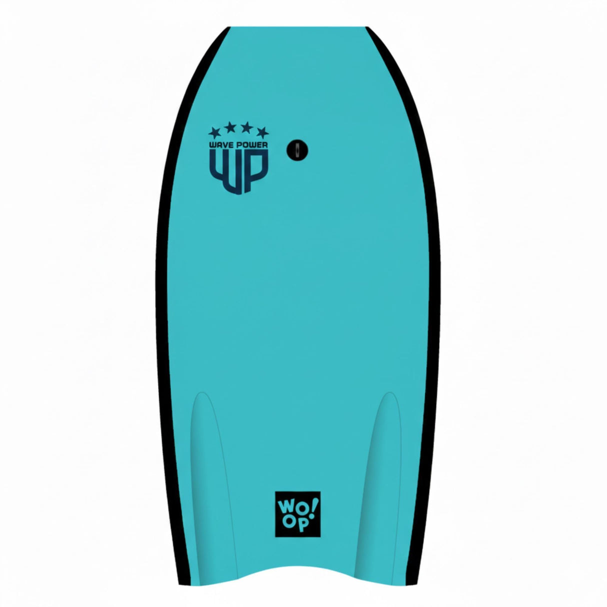 Wave Power Bodyboard Woop in Türkis mit schwarzen Kanten, Draufsicht auf das ovale Surfboard mit Logo-Details