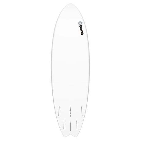 Torq TET MOD Fun & Fish Surfboard in Weiß, Draufsicht auf das ovale Shortboard mit abgerundeter Nose und Fish-Tail