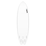 Torq TET MOD Fun & Fish Surfboard, weiß, ovale Form, Draufsicht, mit Finnen und Torq-Logo