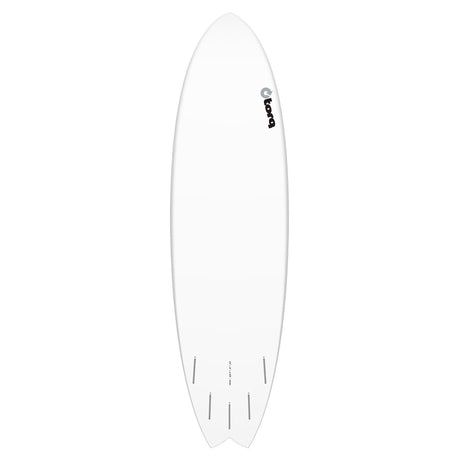 Torq TET MOD Fun & Fish Surfboard, weiß, ovale Form, Draufsicht, mit Finnen und Torq-Logo