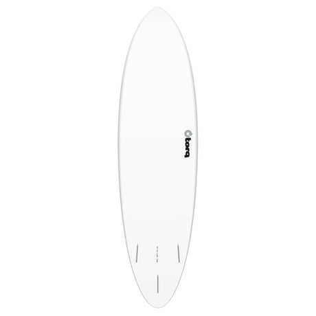 Torq TET MOD Fun & Fish Surfboard, weiß, Kunstharz, Draufsicht auf das komplette Board mit Fin-Setup