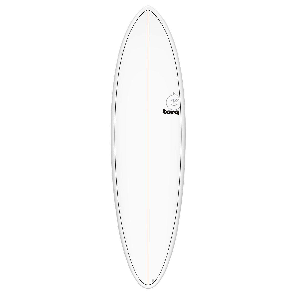 Torq TET MOD Fun & Fish Surfboard, weiß mit grauem Rail, Draufsicht auf ovales Deck mit Mittelsteg und Fischform-Logo