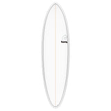 Torq TET MOD Fun & Fish Surfboard, weiß mit grauem Rail, Draufsicht auf ovales Deck mit Mittelsteg und Fischform-Logo
