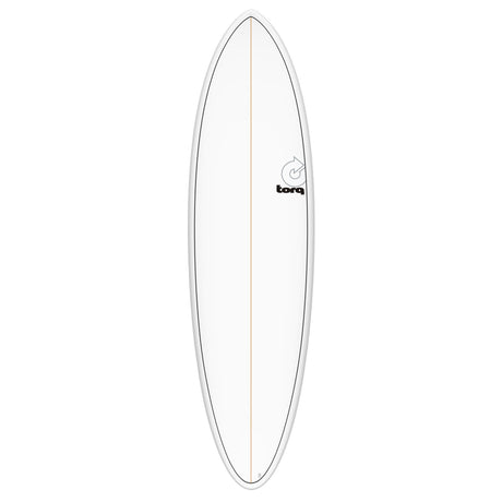 Torq TET MOD Fun & Fish Surfboard, weiß mit grauem Rail, Draufsicht auf ovales Deck mit Mittelsteg und Fischform-Logo