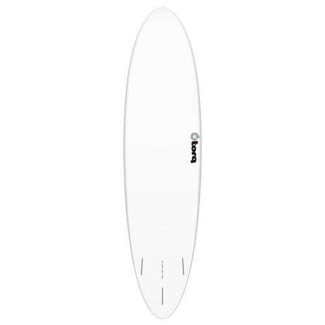 Torq TET MOD Fun & Fish Surfboard, weiß, Kunststoff, Draufsicht auf ovales Shortboard mit Finnen und Torq-Logo