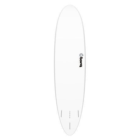 Torq TET MOD Fun & Fish Surfboard, weiß, Draufsicht auf ovales Deck mit Torq-Logo und Finnen-Setup