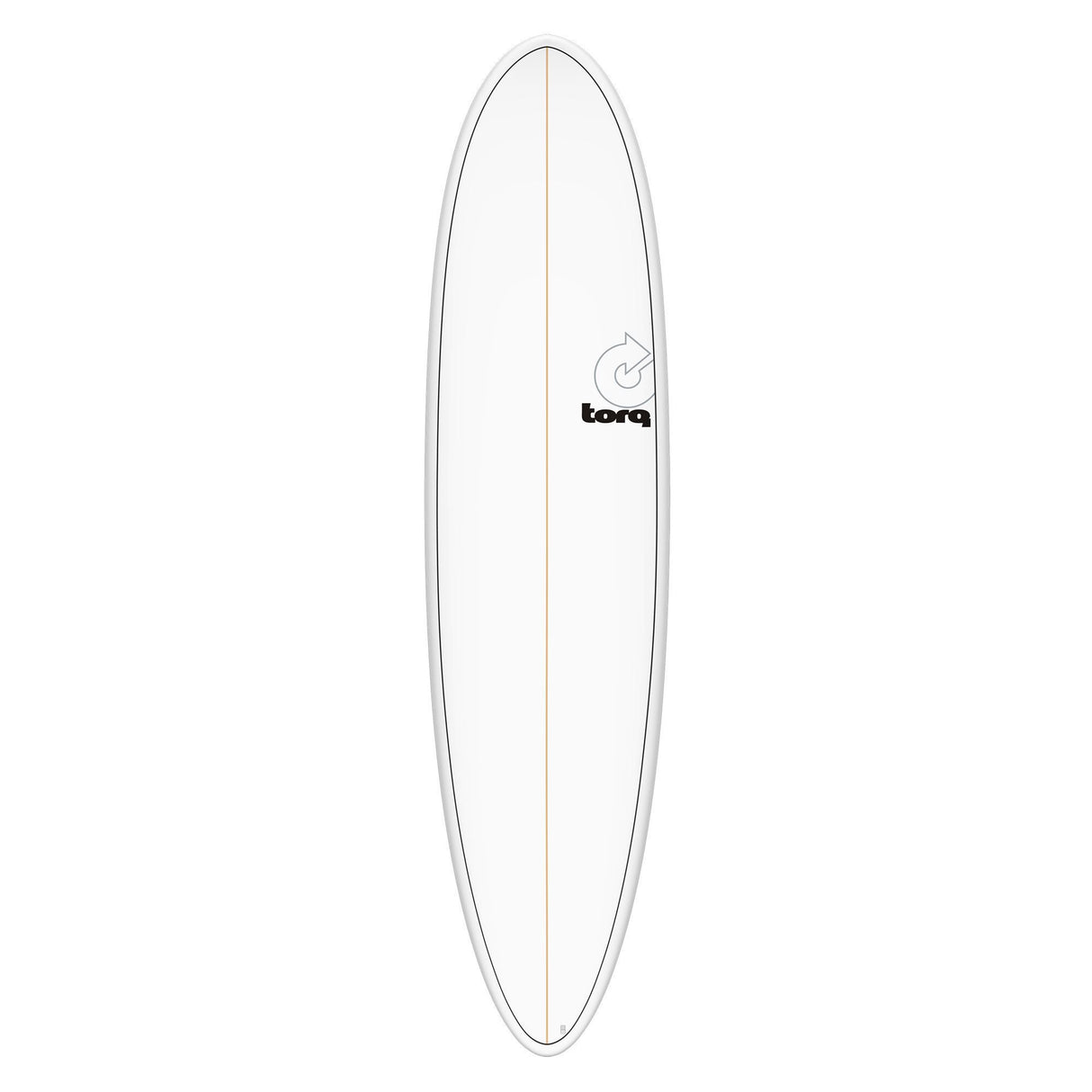 Torq TET MOD Fun & Fish Surfboard, weiß mit grauem Rail, Draufsicht auf das längliche Board mit Fischform-Design