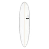 Torq TET MOD Fun & Fish Surfboard, weiß mit grauem Rail, Draufsicht auf das längliche Board mit Fischform-Design