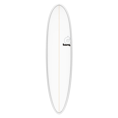Torq TET MOD Fun & Fish Surfboard, weiß mit grauem Rail, Draufsicht auf das längliche Board mit Fischform-Design