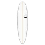 Torq TET V+ MOD Fun Surfboard, weiß mit grauem Rail, Draufsicht auf das komplette Board mit Centerline und Torq-Logo