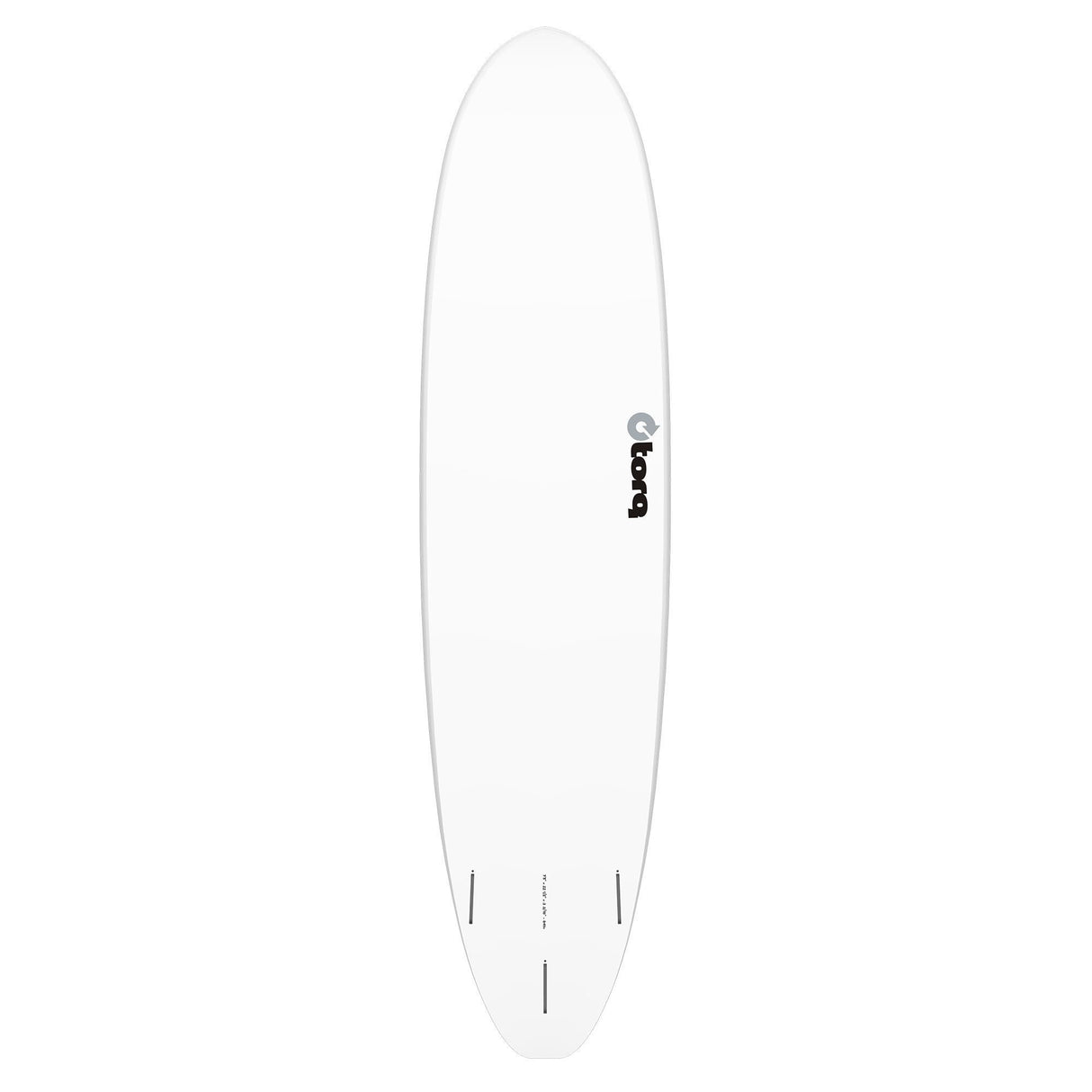 Torq TET V+ MOD Fun Surfboard, weiß, Draufsicht, mit vier Finnen und Torq-Logo