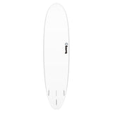 Torq TET V+ MOD Fun Surfboard, weiß, Draufsicht, mit vier Finnen und Torq-Logo