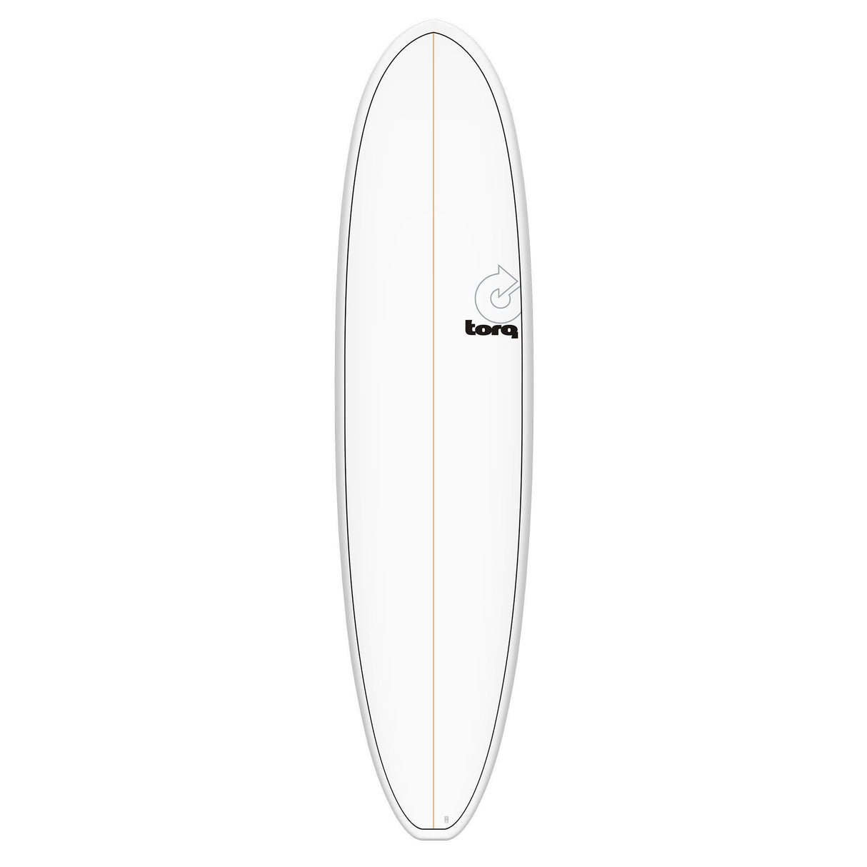 Torq TET V+ MOD Fun Surfboard weiß mit grauer Kante, Draufsicht auf längliches Deck mit Torq-Logo und Mittelstrich