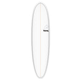 Torq TET V+ MOD Fun Surfboard weiß mit grauer Kante, Draufsicht auf längliches Deck mit Torq-Logo und Mittelstrich