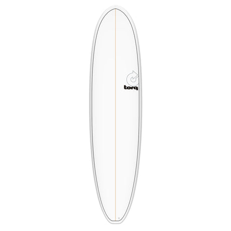 Torq TET V+ MOD Fun Surfboard weiß mit grauer Kante, Draufsicht auf längliches Deck mit Torq-Logo und Mittelstrich