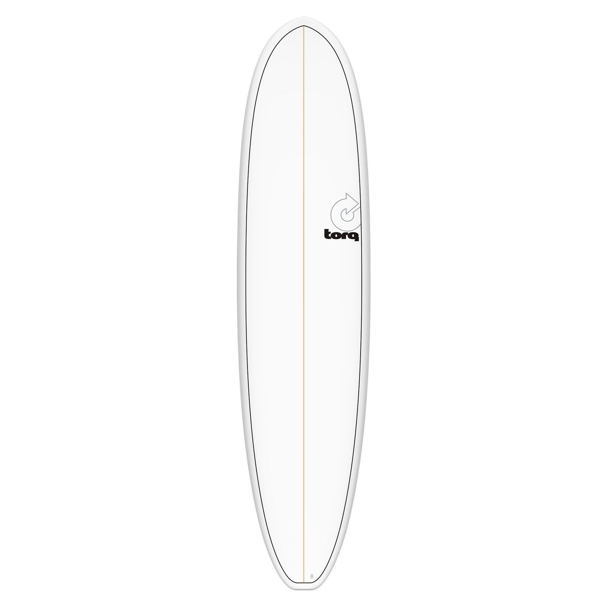 Torq TET V+ MOD Fun Surfboard, weiß mit grauer Kante, Draufsicht auf das komplette Board mit Torq-Logo und Mittelstreifen