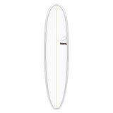 Torq TET V+ MOD Fun Surfboard, weiß mit grauer Kante, Draufsicht auf das komplette Board mit Torq-Logo und Mittelstreifen