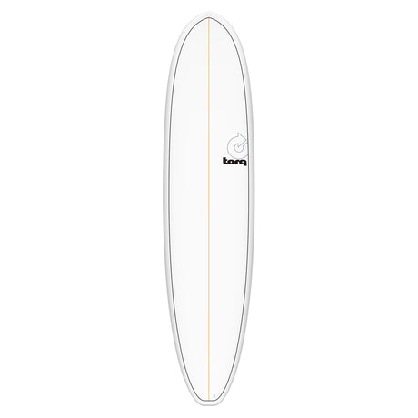 Torq TET V+ MOD Fun Surfboard, weiß mit grauer Kante, Draufsicht auf das komplette Board mit Torq-Logo und Mittelstreifen