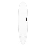 Torq TET Longboard weiß, Draufsicht auf ovales Surfboard mit schwarzem Logo und Finnen
