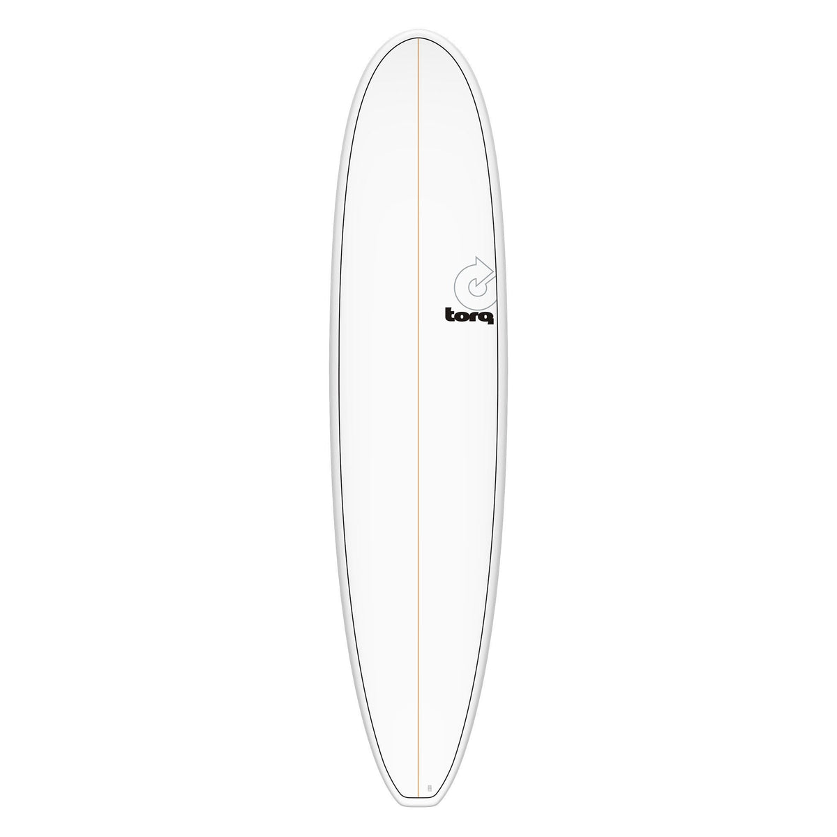 Torq TET Longboard Surfboard, weiß mit grauer Kante, Draufsicht auf das komplette Board mit Torq Logo