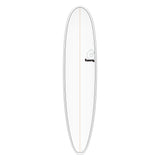 Torq TET Longboard Surfboard, weiß mit grauer Kante, Draufsicht auf das komplette Board mit Torq Logo