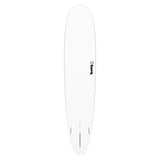 Torq TET Longboard weißes Surfbrett Draufsicht mit Finnen und Torq-Logo