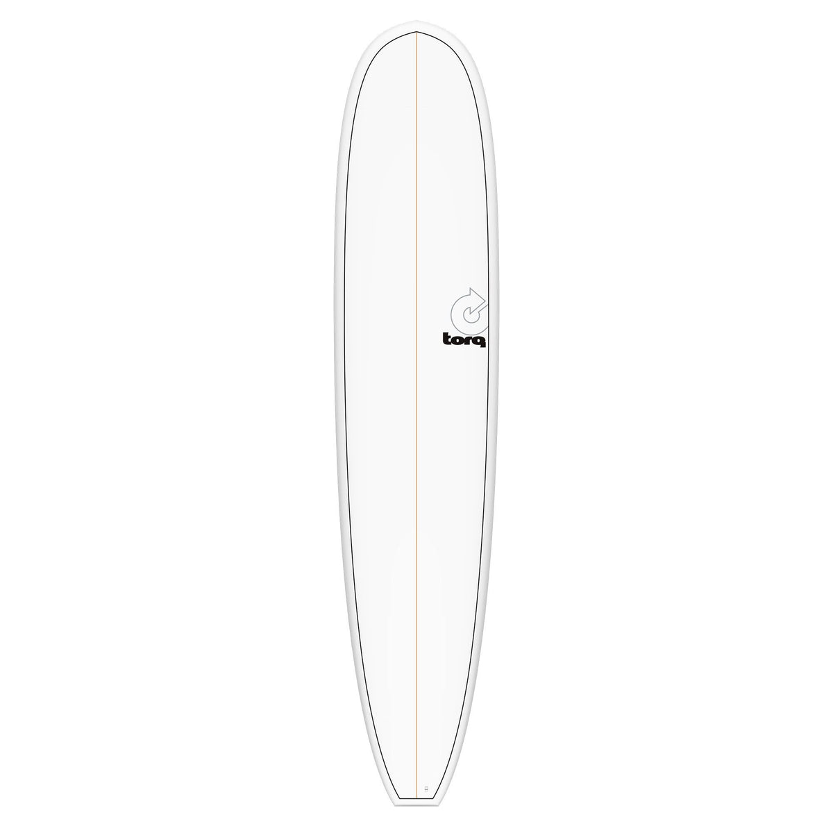 Torq TET Longboard in Weiß mit grauer Kante, Draufsicht auf das komplette Surfboard mit Torq-Logo
