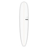 Torq TET Longboard in Weiß mit grauer Kante, Draufsicht auf das komplette Surfboard mit Torq-Logo