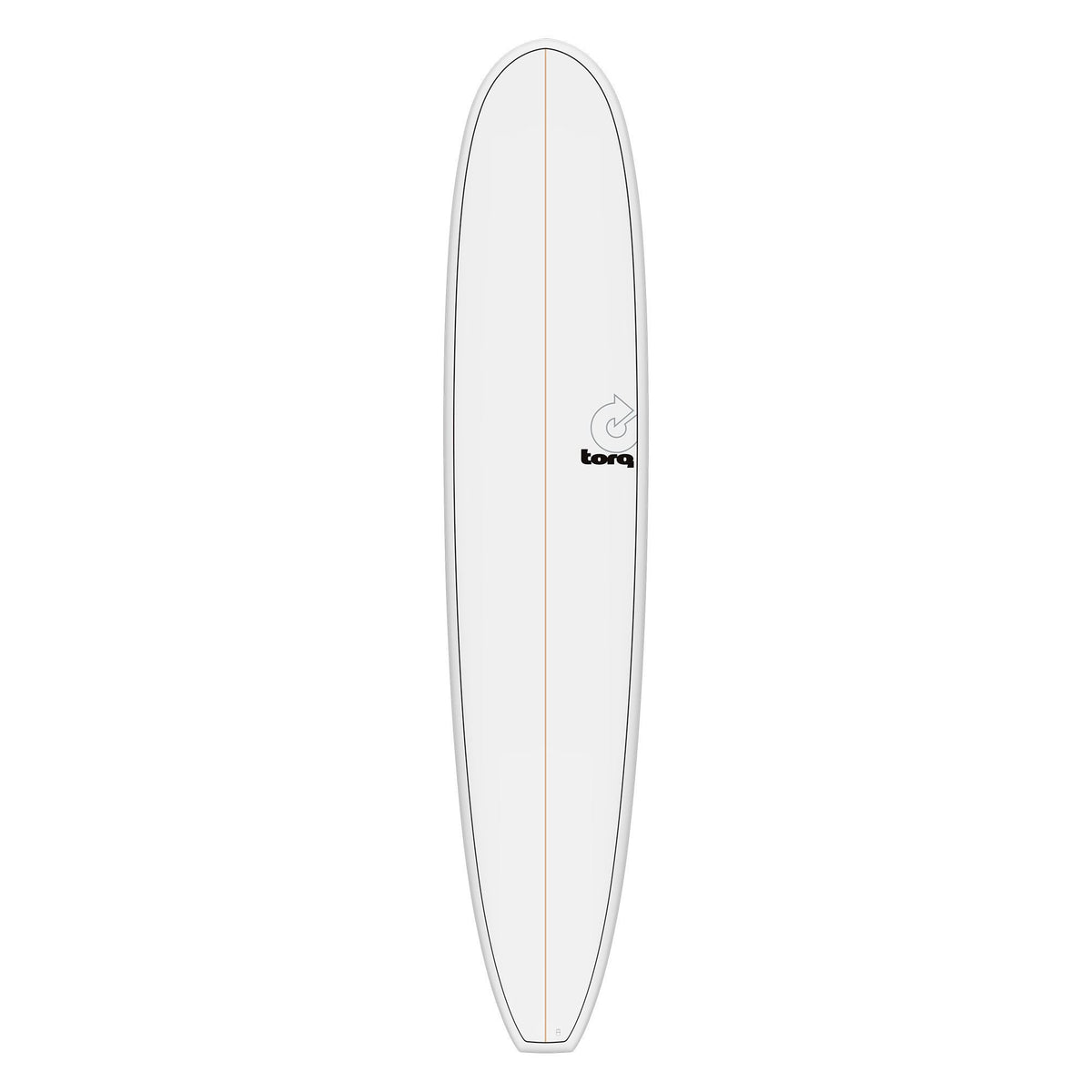 Torq TET Longboard Surfboard in Weiß, Draufsicht auf das gesamte Board mit Torq Logo