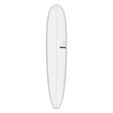 Torq TET Longboard Surfboard in Weiß, Draufsicht auf das gesamte Board mit Torq Logo