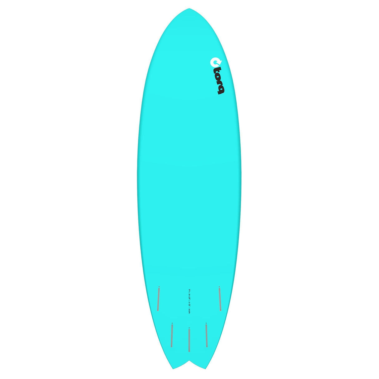 Torq TET MOD Fun & Fish Surfboard in Türkis, Draufsicht auf das helle Kunstharzboard mit Fischform und Finnen