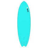 Torq TET MOD Fun & Fish Surfboard in Türkis, Draufsicht auf das helle Kunstharzboard mit Fischform und Finnen