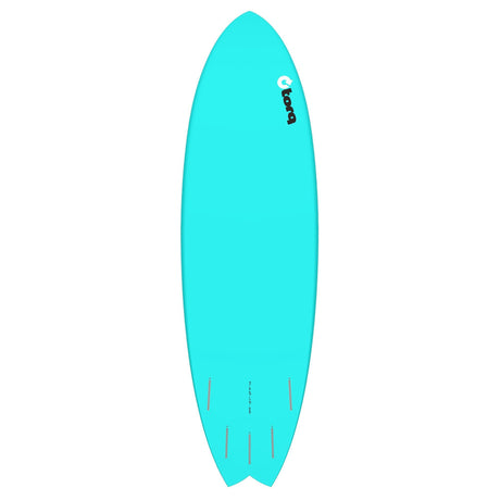 Torq TET MOD Fun & Fish Surfboard in Türkis, Draufsicht auf das helle Kunstharzboard mit Fischform und Finnen