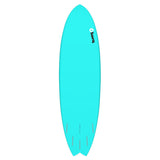 Torq TET MOD Fun & Fish Surfboard in Türkis, Draufsicht, modernes Fischform-Design mit abgerundeter Nose und Multi-Fin Setup