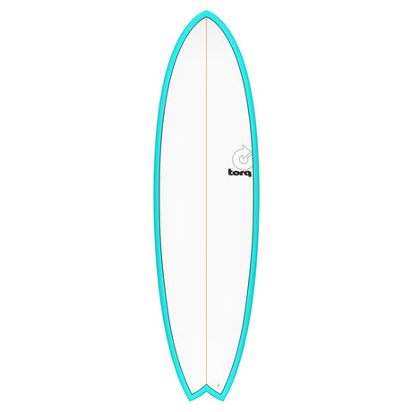 Torq TET MOD Fun & Fish Surfboard in Türkis, Draufsicht, mit fischförmiger Nose und Tail Design
