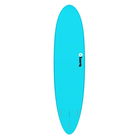 Torq TET MOD Fun & Fish Surfboard in Türkis, Draufsicht auf das längliche Deck mit abgerundeter Spitze und Logo