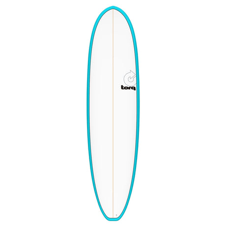 Torq TET V+ MOD Fun Surfboard mit türkisem Rail und cremefarbenem Deck, Frontansicht