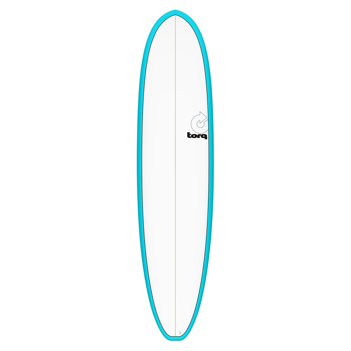 Torq TET V+ MOD Fun Surfboard mit türkisem Rail und weißem Deck, Frontalansicht