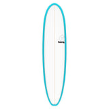 Torq TET V+ MOD Fun Surfboard mit türkisem Rail und weißem Deck, Frontalansicht