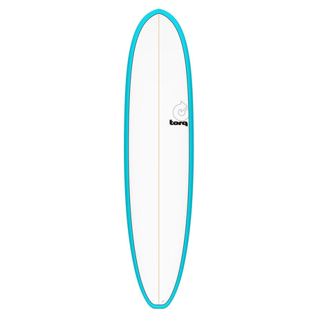 Torq TET V+ MOD Fun Surfboard mit türkisem Rail und weißem Deck, Frontalansicht