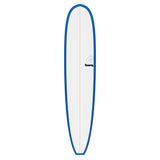 Torq TET Longboard mit blauem Rail und weißem Deck, Draufsicht