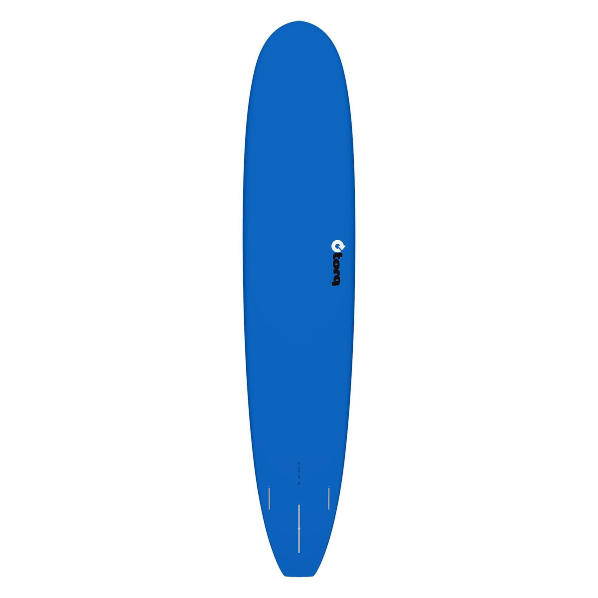 Torq TET Longboard in Blau, Draufsicht auf das vollständige Surfboard mit oval geformtem Deck und Torq-Logo