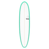 Torq TET V+ MOD Fun Surfboard mit türkisem Rail und cremefarbenem Deck, Ansicht von oben