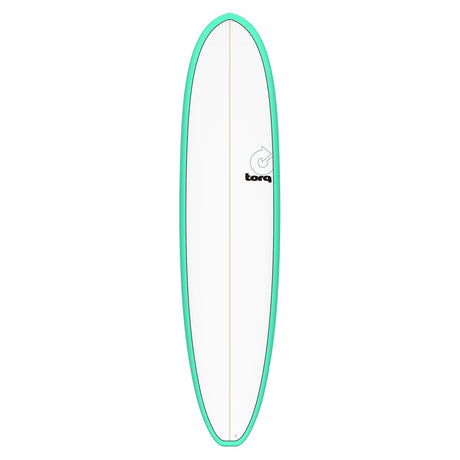 Torq TET V+ MOD Fun Surfboard mit türkisem Rail und cremefarbenem Deck, Ansicht von oben