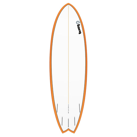 Torq TET MOD Fish Surfboard mit orangem Rail und weißem Deck, Draufsicht