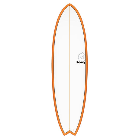 Torq TET MOD Fish Surfboard mit orangem Rail und Cream Deck, Draufsicht