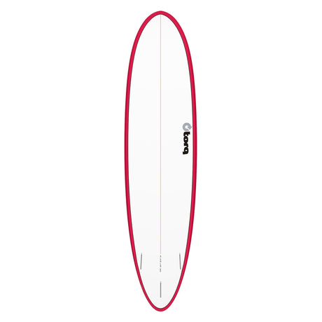 Torq TET MOD Fun Surfboard mit roter Rails und weißem Deck, Draufsicht